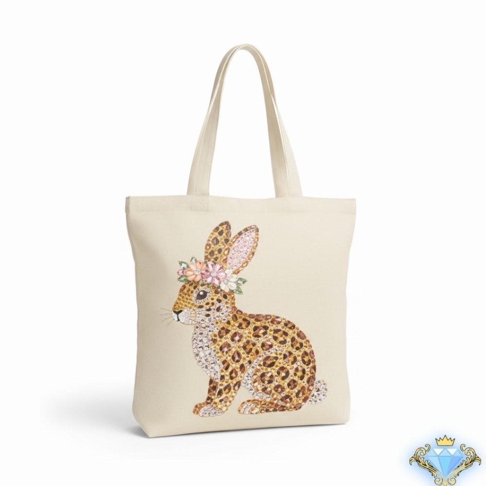 Leopard Print Rhinestone Bunny Canvas Tote Bag Streetwear Unisex Easter Custom - Picture 3 of 5